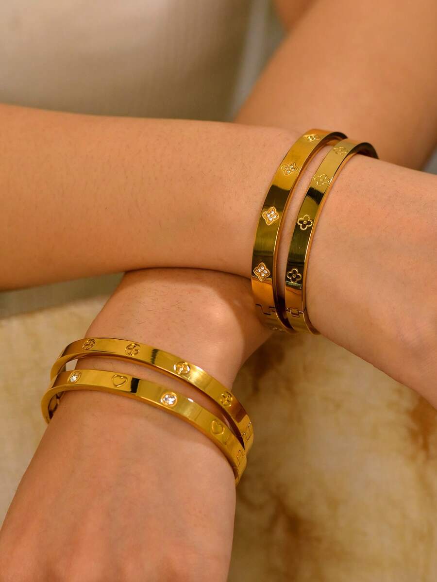 TONSI 1件18K镀金螺丝扣手镯，不锈钢手镯，男女通用，镶嵌立方氧化锆，女士首饰 - 金色 - 查看 1