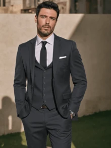 Men's Suit 4 Piece Set Black With Tie Slim Fit One Button Business Suits With Adjustable Single Breasted Vest & Flat Front Pants For Wedding, Prom, Job Interview Attire (Blazer+Vest+Pants) (XS-3XL) - Black with Tie - 查看 5