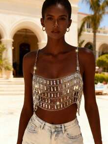 DEKUNER Women's Music Festival Party Rhinestone Body Chain Top Y2K For New Year Holiday Party Club Nights & Stylish Outfits - Bright Silver - View 7