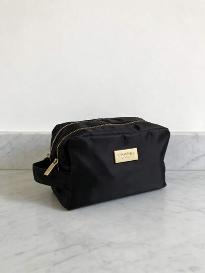 CHANEL Black Nylon Double-Zippered Cosmetic Bag. Cosmetic Bag, Portable Storage Bag. Large Capacity Toiletry Bag. Unisex Design.
