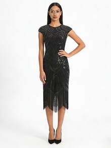 Gaun Midi Pesta Malam Formal Bermotif Geometris Berpayet Gaya Vintage Gatsby - MultiWarna - View 3