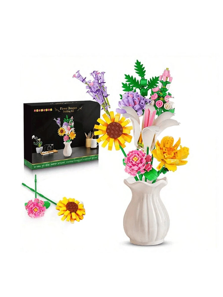 Flowers Bouquet Building Set With Vase - 1853PCS Flower Botanical Collection Building Blocks Toy, Flower Home Plant Decor, Mother's Day Christmas Birthday - trắng - Xem 1
