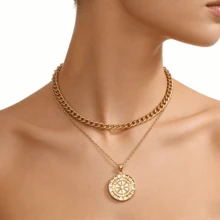 Vintage Punk Compass Double Necklace: Distressed Gold Chain + Compass Element, Punk Party/Alt-Culture Outfits, Alt-Girls' New Year Vibe Jewelry - 金色 - 查看 3
