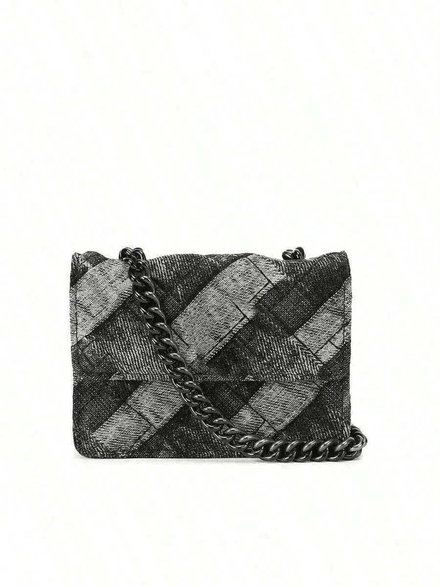 Mini Bag, Embroidered Thread, Colorful Glossy Card Bag, Single-Shoulder Crossbody Chain Bag - Denim Black - View 1