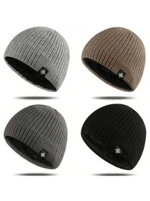 1pc Men's Knitted Beanie Hat With Fleece Lining, Warm Winter Snow Flake Pattern Outdoor Headwear - Snow-Beanie - View 2