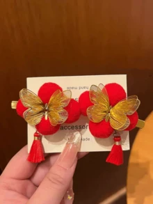 2pcs Gold Butterfly Cute Hair Clips, Sweet Hair Accessories - Red - View 6