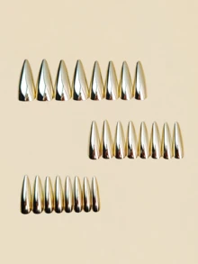24pcs Gold Plated Gothic Style Nail Art False Nails, Removable Simple Nail Stickers For Women - Gold - View 2