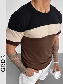 GRDR 男士圆领撞色条纹针织衫，春夏新款休闲通勤短袖修身套头针织T恤，1件装 - 棕色 - 查看 1