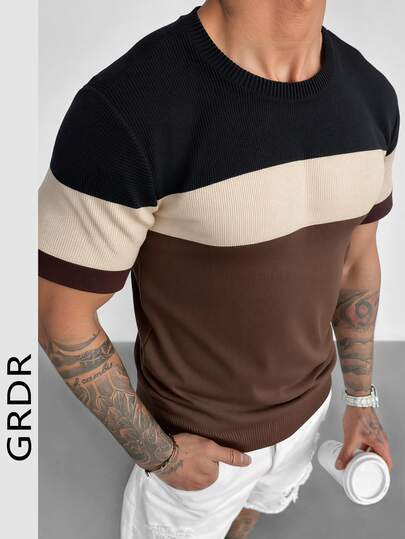  GRDR 男士圆领撞色条纹针织衫，春夏新款休闲通勤短袖修身套头针织T恤，1件装