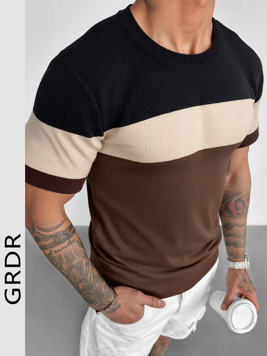 GRDR 男士圆领撞色条纹针织衫，春夏新款休闲通勤短袖修身套头针织T恤，1件装 - 棕色 - 查看 1