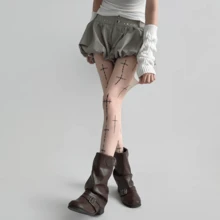 Women's Avant-Garde Punk Sheer Leggings, Nude Base Color Patchwork Gothic Pattern Mesh Thigh High Socks, Suitable For Spring, Summer, Autumn Street Fashion, Daily Party, Y2K Alternative Chic Stockings - Multicolor - View 9