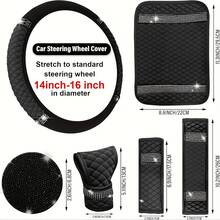10 Sparkling Car Accessories Set For Women's Christmas Full Crystal Steering Wheel Cover Universal 38.1cm Seat Belt Shoulder Pad Armrest Pad Cup Holder Suitable For Automotive Interior Accessories - 黑色的 - 查看 2