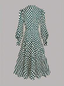 女士优雅春夏格子印花休闲派对连衣裙，长袖设计，适合约会 - 綠色 - 查看 4