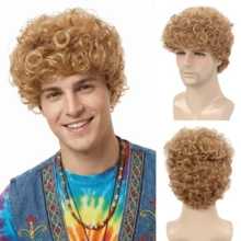 REEWES Men Blonde Curly Bob Synthetic Hair 70s 80s Retro Style Natural Afro Curls Wig For Daily Wear Anime Party Cosplay Costume Fancy Dress Up - Multicolor - View 1