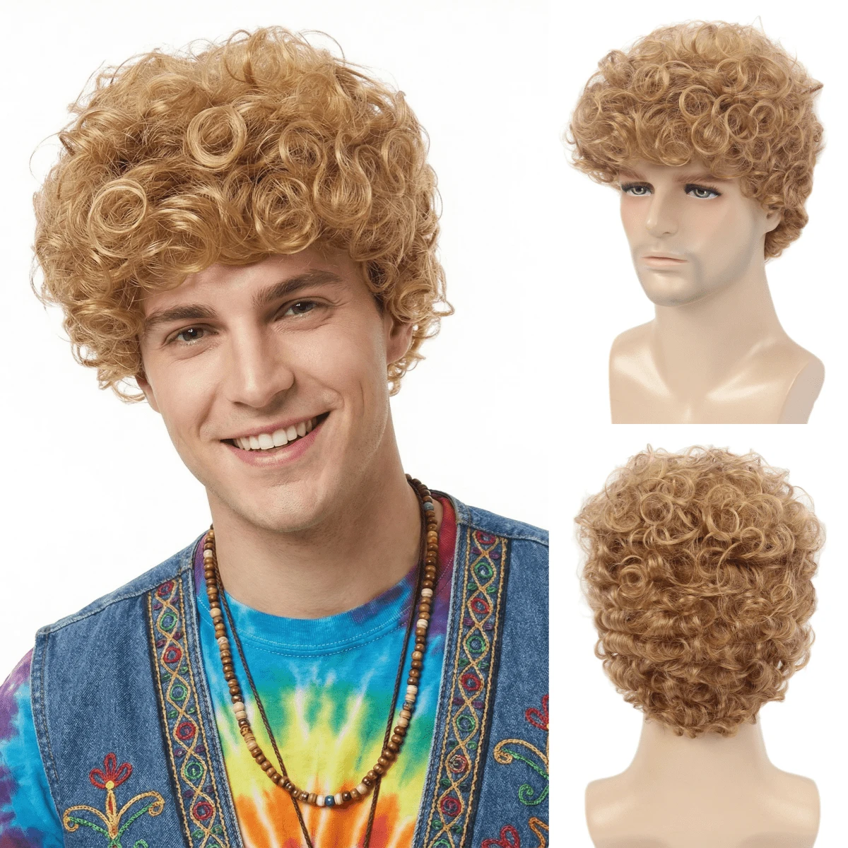 REEWES Men Blonde Curly Bob Synthetic Hair 70s 80s Retro Style Natural Afro Curls Wig For Daily Wear Anime Party Cosplay Costume Fancy Dress Up - Multicolor - View 1