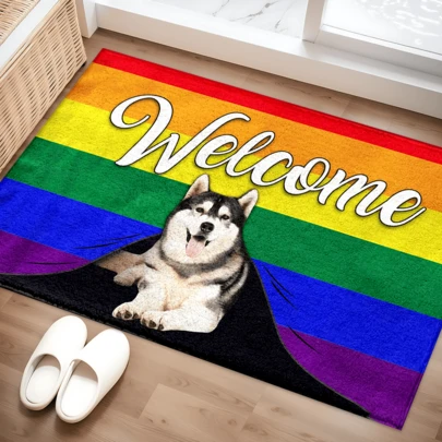 1 pieza Alfombra impresa con diseño de arcoíris y husky, tapete de lana sintética - Altamente absorbente, fácil de limpiar, adecuado para decoración del hogar, estilo rústico, entrada, interior, habitación, cocina, comedor, oficina pequeña/oficina en casa, fregadero, lavandería, felpudo, alfombrilla de cocina, antideslizante