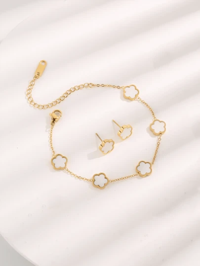 3件套不锈钢花朵装饰手链和耳环套装，适合女性日常佩戴，情人节、母亲节礼物。