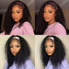Kinky Curly Headband Wigs Bob Jerry Curly None Lace Front Wigs For Women Easy Wear And Go Human Hair Full Machine Made Wig 200 Density Daily Use - Natural Black - 查看 6