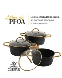 samary cuisine Batería de Cocina de Cerámica Apollo - AMERCOOK 9 pz  Antiadherente Premium | Cocina Saludable | Incluye Tapa de Cristal Irrompible Gratis | Agarraderas de Silicona | Apta para Estufas de Gas, Eléctrica e Inducción | Alta Calidad y Durabilidad - Negro - Ver 2