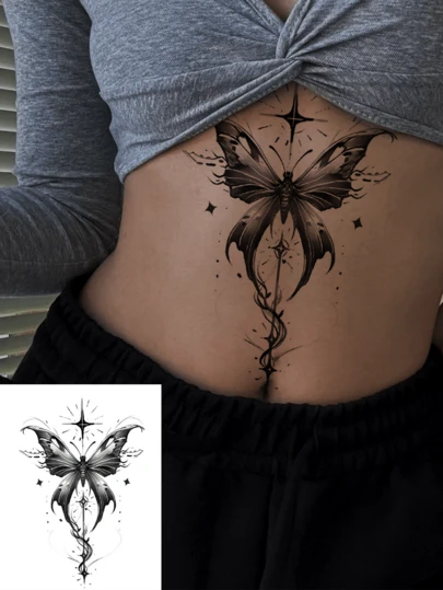 1张性感创意蝴蝶花卉图案临时纹身贴纸，让您展现个性，可遮盖疤痕和伤口，为您的肌肤增添艺术气息，适用于腰部、手臂等部位，男女通用，易于粘贴和去除，可持续7-14天。