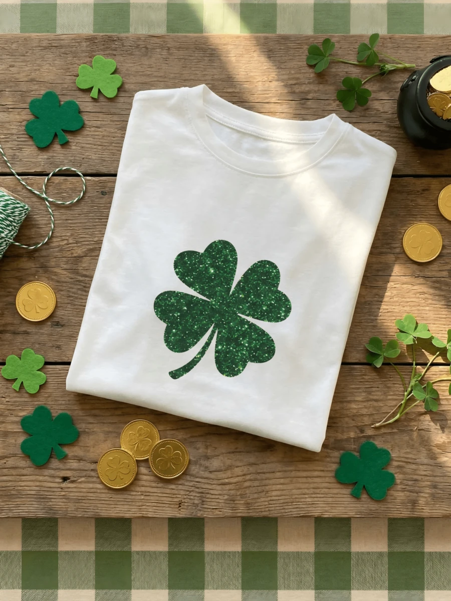St. Patrick's Day Clover Print Slim Fit Women's Round Neck Short Sleeve T-Shirt, Spring/Summer - White - View 1
