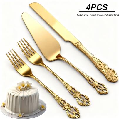 4件套复古皇家蛋糕餐具套装 - 优雅金色不锈钢蛋糕刀、派铲、甜点叉 - 镜面抛光，可机洗 - 母亲节、婚礼、新娘送礼会、圣诞节、乔迁之喜、情人节、生日的理想之选