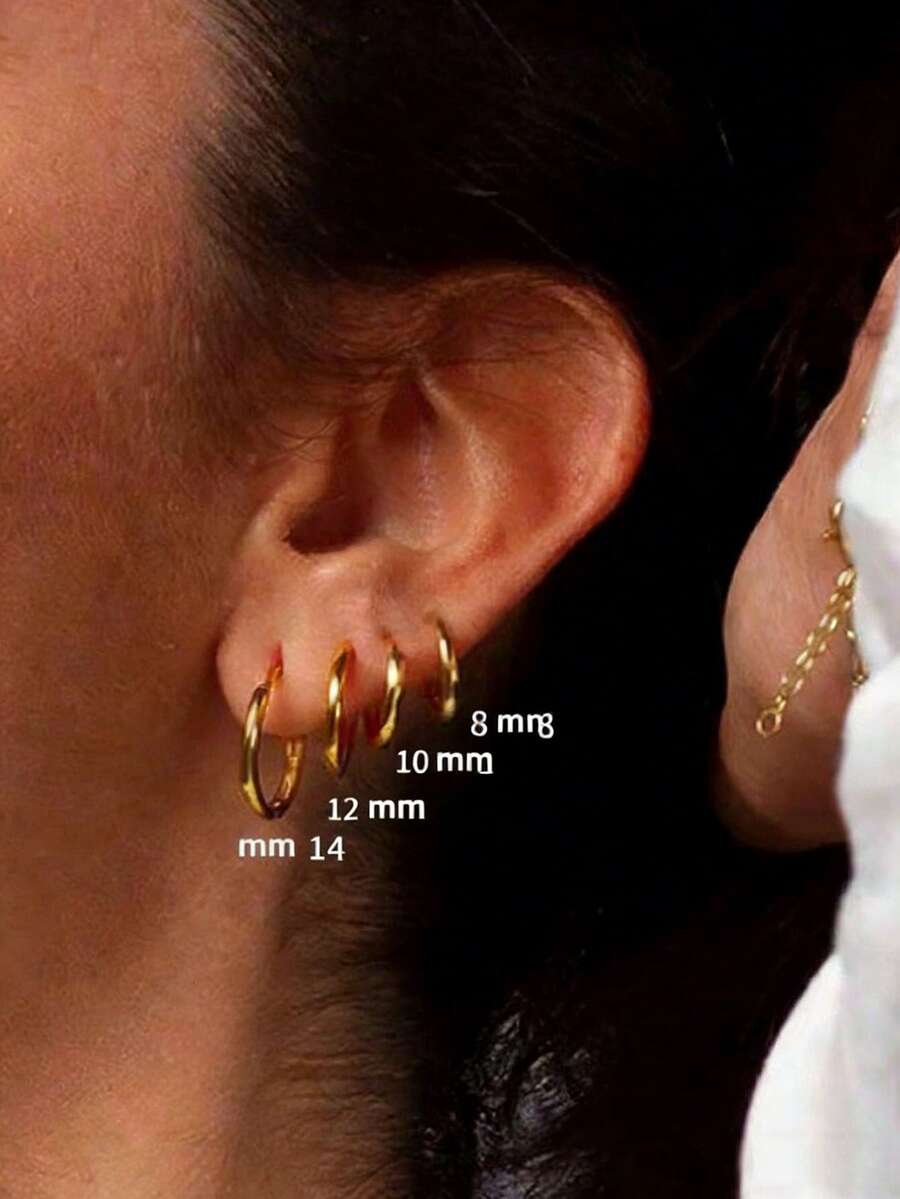 8pcs Solid Stainless Steel Round Hoop Earrings Set, Unisex, Stackable, 18K Gold Plated Mini Cartilage Hoops - Ear Studs - View 1