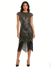 Gaun Midi Pesta Malam Formal Bermotif Geometris Berpayet Gaya Vintage Gatsby - MultiWarna - View 7
