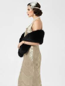 1920年代风格黑色人造毛皮围巾，优雅时尚配饰，女士奢华人造毛皮披肩，适合冬季婚礼、新娘、伴娘、晚宴、毕业舞会、节日庆典等场合。 - 黑色 - 查看 3