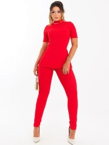 Women's Premium Riding Set, Leggings, Turtleneck Top, Modern And Elegant - 紅色 - 查看 2