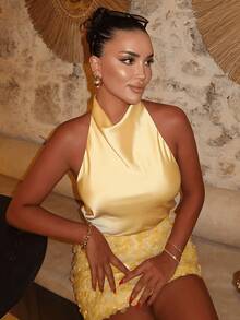 HZXVIC Women's New Solid Color Sexy Backless Halter Neck Blouse, Suitable For Dates, Parties Summer - Yellow - View 8
