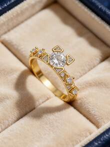Women's Gold-Plated Cubic Zirconia Ring, Micro-Inlaid Craftsmanship, Minimalist Luxury Style, Suitable For Daily Commute/Date Night, Exquisite Gift For Girlfriend - Gold - View 3