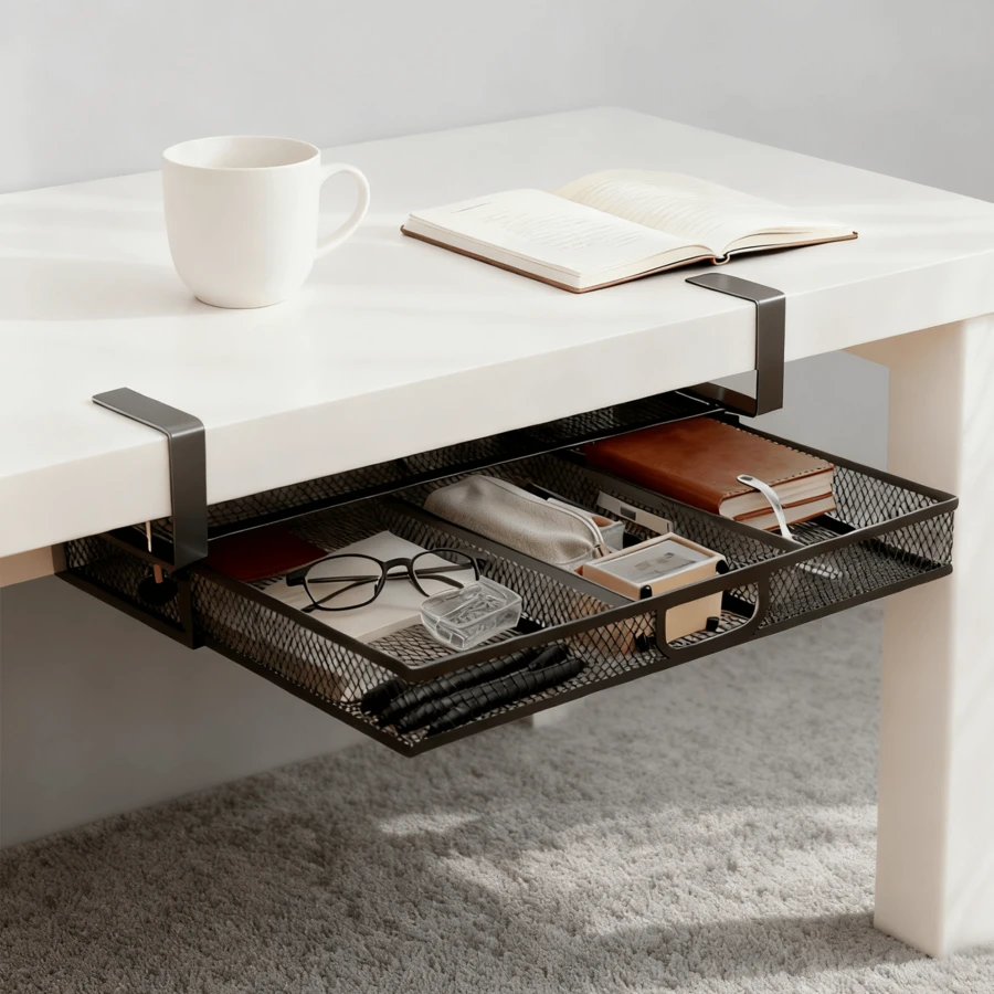 Metal Under Desk Cable Management Tray, No Drill Mesh Wire Organiser ...