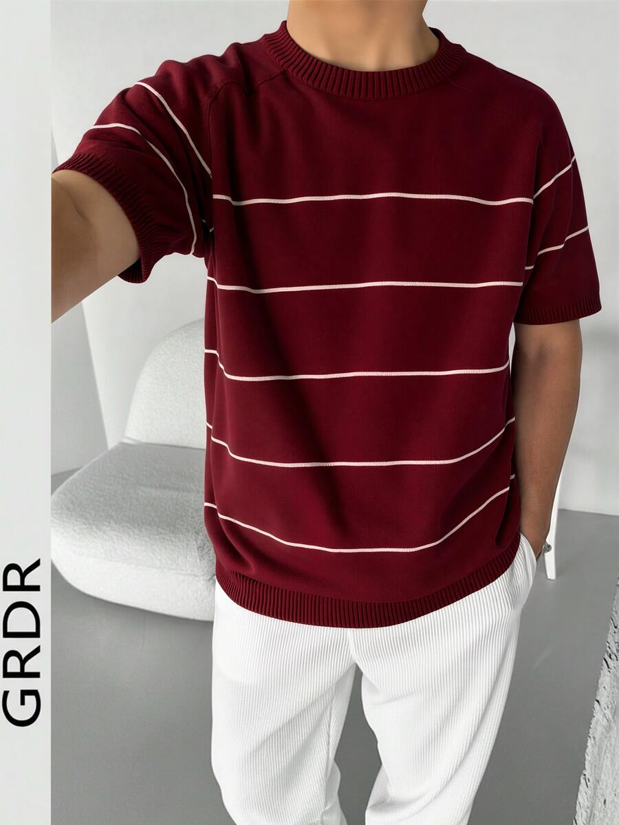 GRDR 男士撞色条纹短袖针织衫，修身连体衣，新款夏季插肩袖套头圆领T恤，休闲通勤装 - 酒紅色 - 查看 1