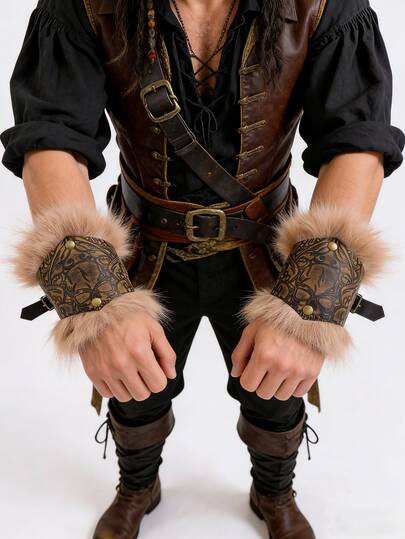 2PCS Set Vintage Gothic Skull Pattern Faux Leather Wrist Cuffs With Faux Fur Trim Pirate Cosplay Accessory
