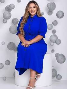 Women's Plus Size Evangelical Shirt Dress, Sizes G1 G2, Casual, Elegant, Comfortable, Long, Everyday Wear - 藍色 - 查看 3