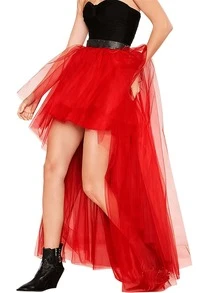 1 pièce Jupe asymétrique à volants pour femmes en noir, vert olive, rouge, blanc, rose rouge, bleu marine. Décoration de vacances, ourlet évasé court devant long derrière, style gothique en tulle maille - Multicolore - Voir 14