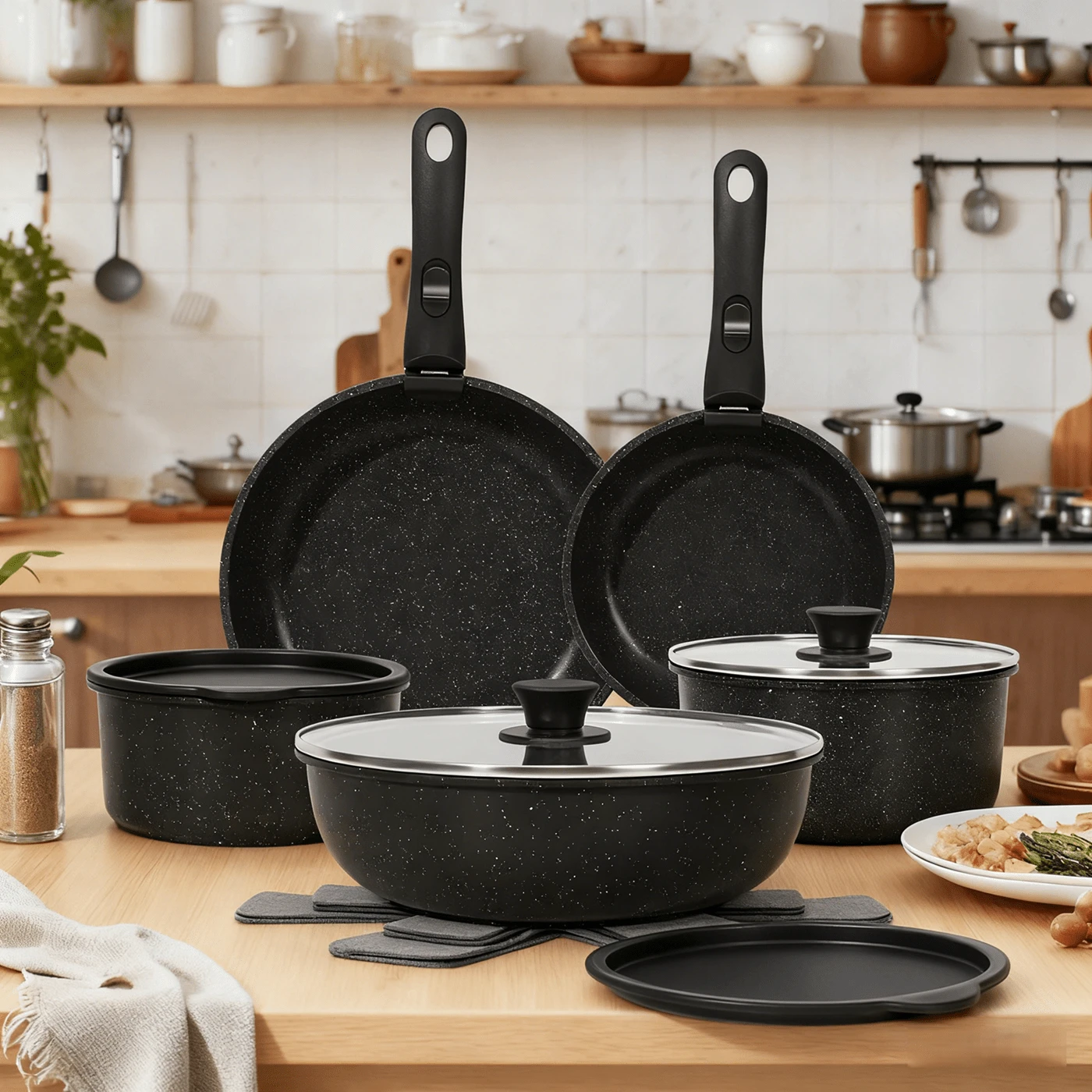 15pcs Nonstick Granite Coated Cookware Set, Induction Compatible Aluminum Kitchen Pots And Pans, All-In-One Cooking Kit With Frying Pans, Saucepans, Stew Pot, Soup Pot & Kitchen Tools - 黑色 - 查看 1