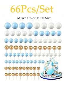 50/66/108/120个彩色球形蛋糕装饰球，泡沫球蛋糕装饰，球形蛋糕内衬装饰球，适用于婚礼、周年纪念、生日、圣诞节、万圣节、感恩节等场合（蓝色、白色、金色） - DIY蛋糕装饰用品 - 彩色 - 查看 8