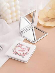 1pc Romantic Floral & Letter A-Z Series Compact Vanity Mirror, Foldable Lightweight Ultra-Thin Portable Hand Mirror, Silver Nano Electroplated Frame, Delicate Details, Suitable For All Occasions And People, Foldable Square Shape For Easy Carrying,For Daily Use, Travel, Party, Gift - Perfect For Women, Girls - Multicolor - View 5