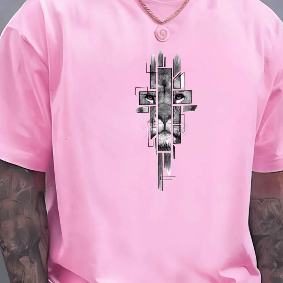 Camiseta Masculina Leão de Juda Yeshua Cruz e a Espada 100% Algodão Promoção Estilo Casual Premium Primavera Verão - Rosa Bebê - Visão 1