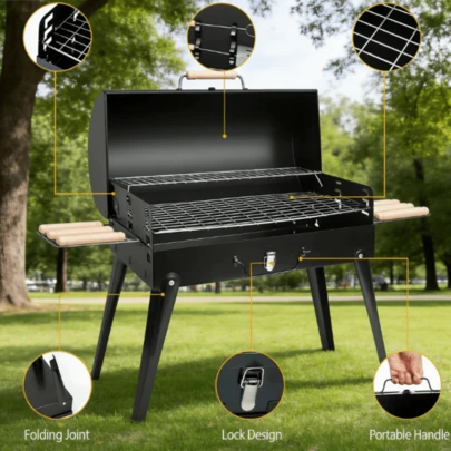 16.7x10x17.7in Portable Charcoal Grill Foldable BBQ Suitcase Grill Shelf For Outdoor Camping Picnics Garden Grilling