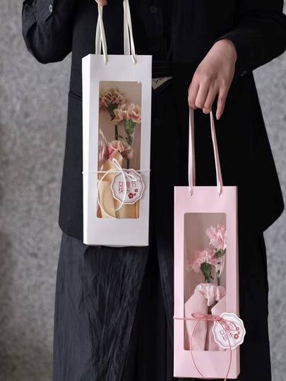 Transparent Bouquet Packaging Bag, Single Rose Flower Box, Bouquet Gift Bag For Mother's Day, Valentine's Day, Wedding, Women's Day, Teacher's Day (Packaging Bag Only), Random Card, Reference Image Only, Random Handle Style.
