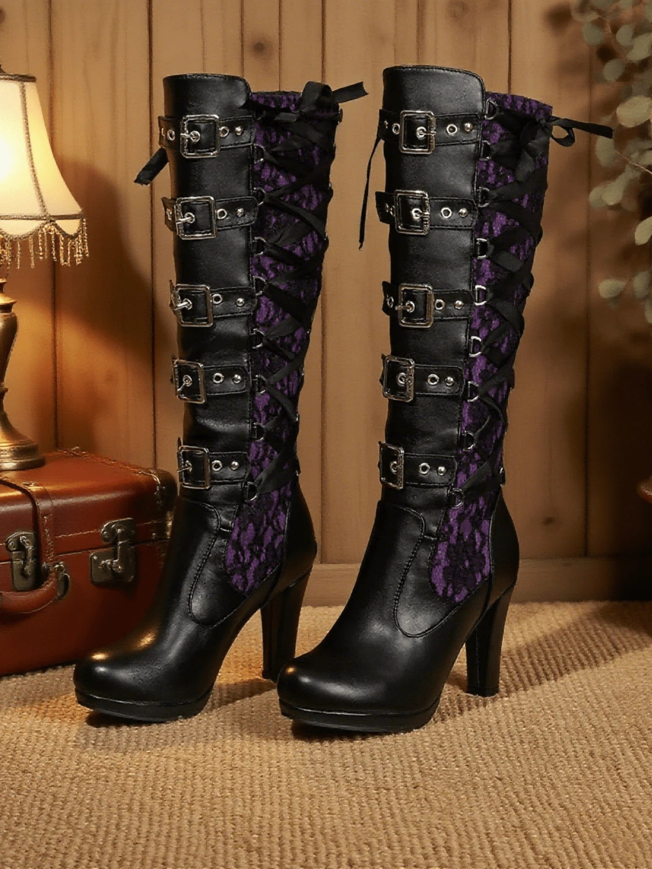 Goth Knee High Boots For Women Y2K Lace Buckle Block Heel Lace Up Knee Length Boots Round Toe High Heel Platform Cosplay Party Halloween Punk Boots - Màu tím - Xem 1