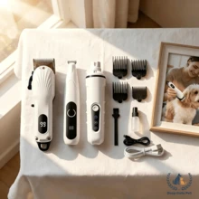 三件套宠物美容套装，包含高品质电动贝壳形理发器、爪子修剪器和指甲磨刀器。低噪音、高功率、可拆卸设计、液晶显示屏。适用于各种体型的犬猫。 - 白色 - 查看 11