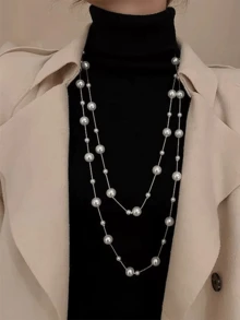 1条时尚长款仿珍珠项链，简约优雅毛衣链，适合秋冬季佩戴 - 珍珠 - 查看 3