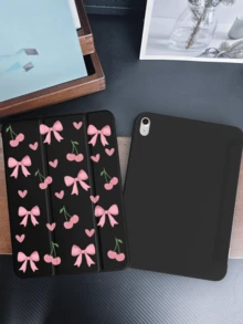 Skal med kärleksrosett och körsbärsmönster, kompatibelt med iPad 10.2", iPad Pro 11" 2021/2020/10:e generationen, iPad Mini 4/5/6, Galaxy Tab A8 10.5" 2022, med pennfack, fallskydd, stativ för surfplatta. - Svart - Visa 2