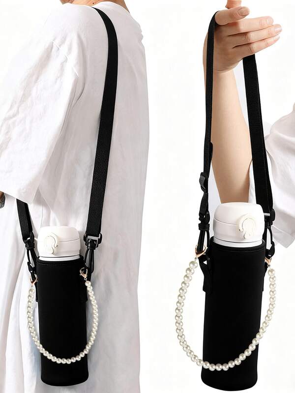Portable Down Crossbody Water Bottle Protective Case Mobile Phone Bag,Pearl Chain Sports Water Bottle Cover Thermal Bag, Portable Water Bottle Protective Case, Thermal Cover, Double-Layer Zipper, Scratch-Resistant, Anti-Collision, Leak-Proof, Heat-Insulated, Can Hold Water Cups, Cosmetics, Mobile Phones, Headphones
