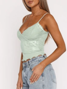 Women's Mesh Lace Cami Top Y2K Spaghetti Strap Low Cut V Neck Backless Vest Top - màu xanh lá - Xem 3