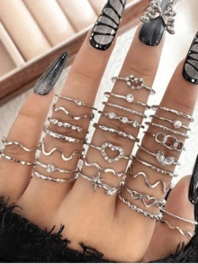 28件套优雅简约玻璃水晶心形波浪多元素可叠戴戒指套装，几何指节戒指套装，适合日常佩戴及各种场合，完美的节日礼物 - 銀色 - 查看 1